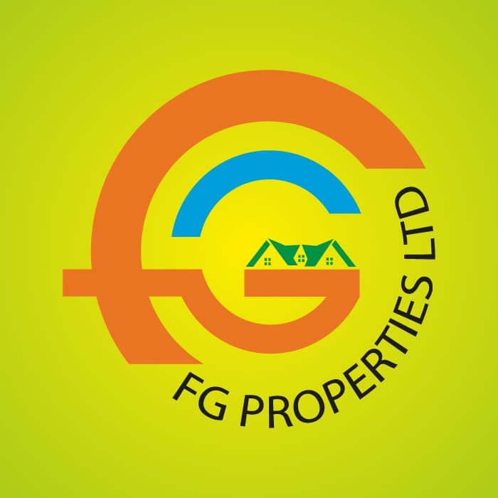 FG Properties Ltd logo featuring orange stylized letters and green house icons on lime green.