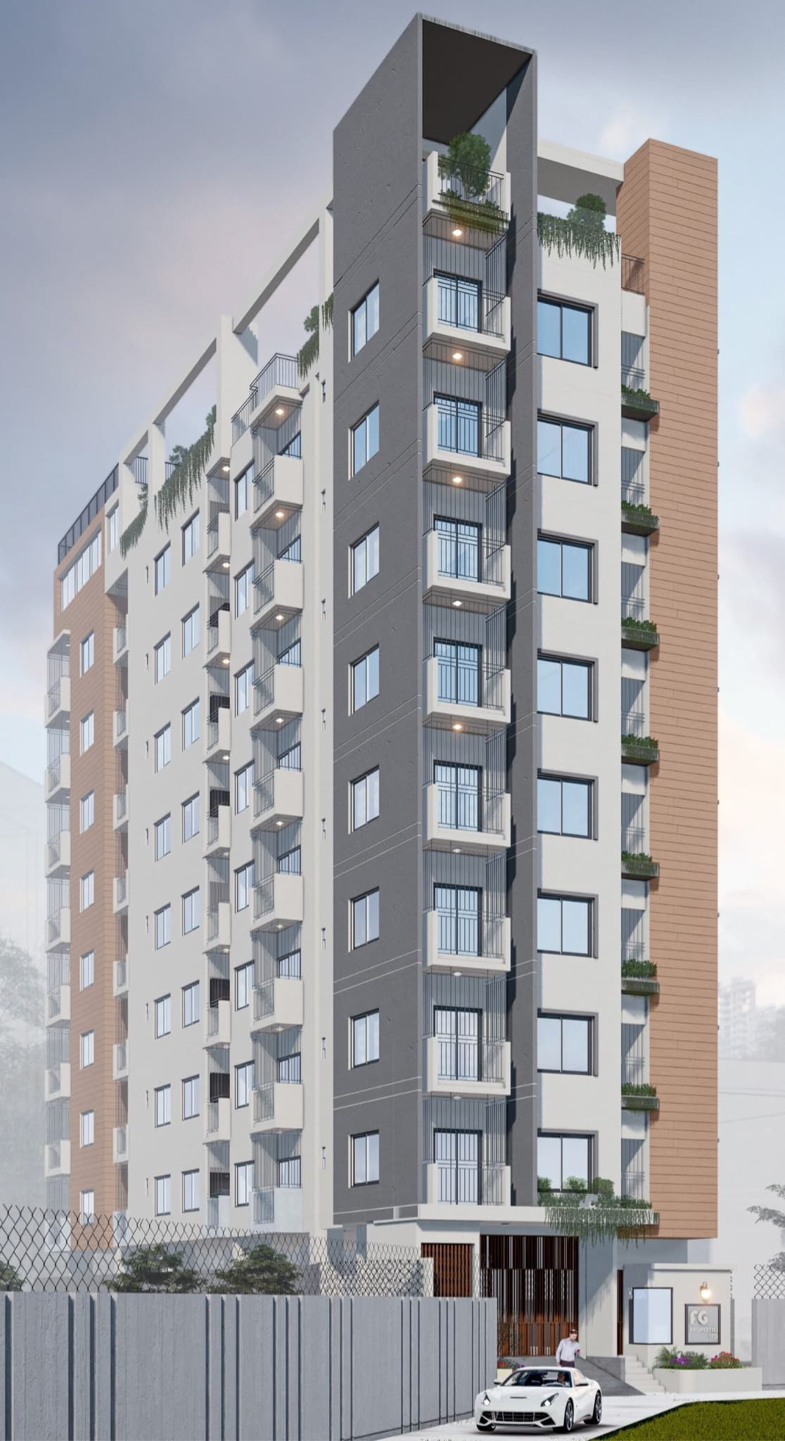Modern apartment building with grey and white facades, balconies, and a white sports car.