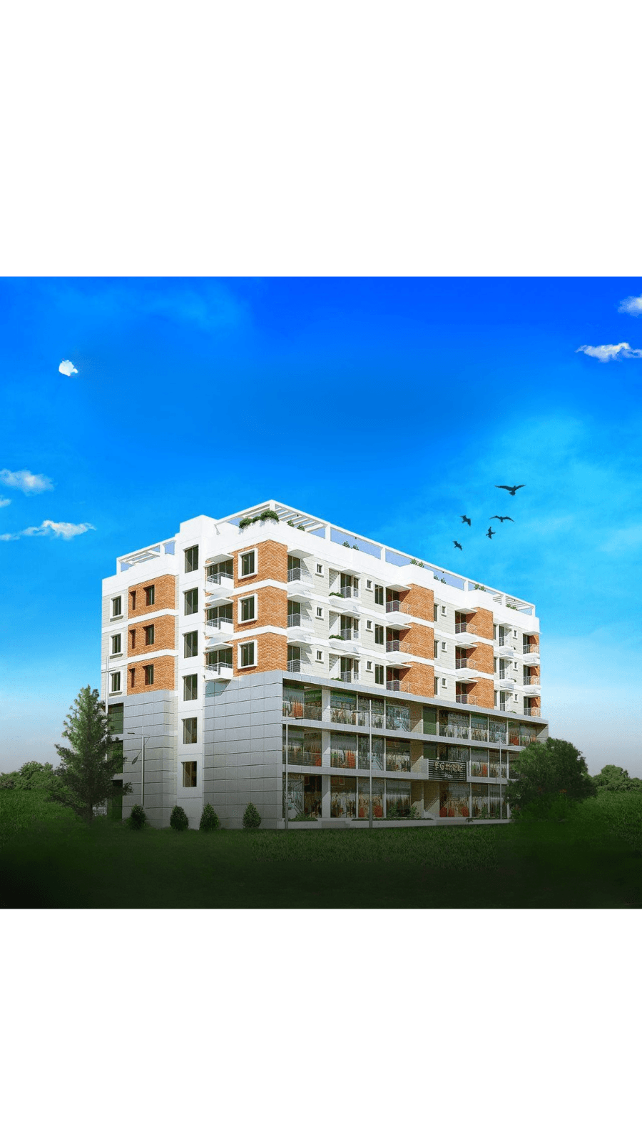 Modern multi-story building with ground-floor shops and upper-level residential balconies against a blue sky.