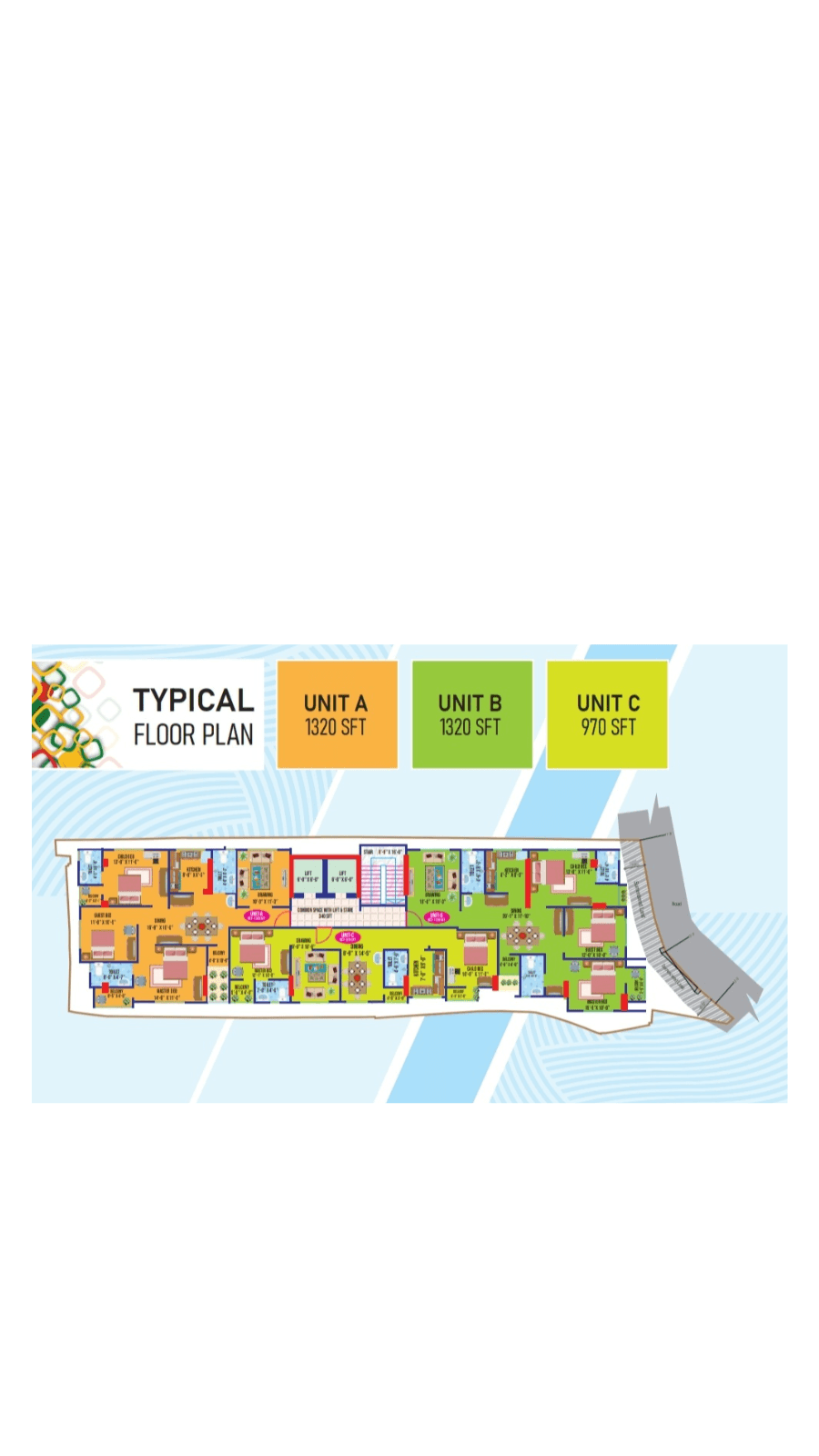 Typical floor plan for three residential units, A, B, and C, with square footage.