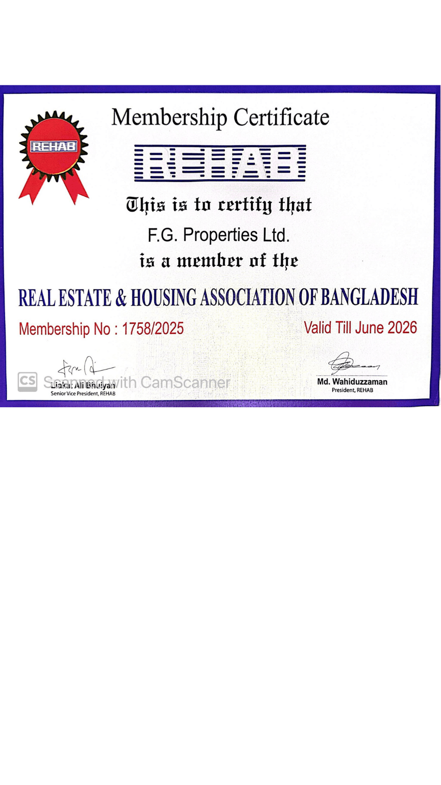 REHAB membership certificate issued to F.G. Properties Ltd., valid until June 2026.