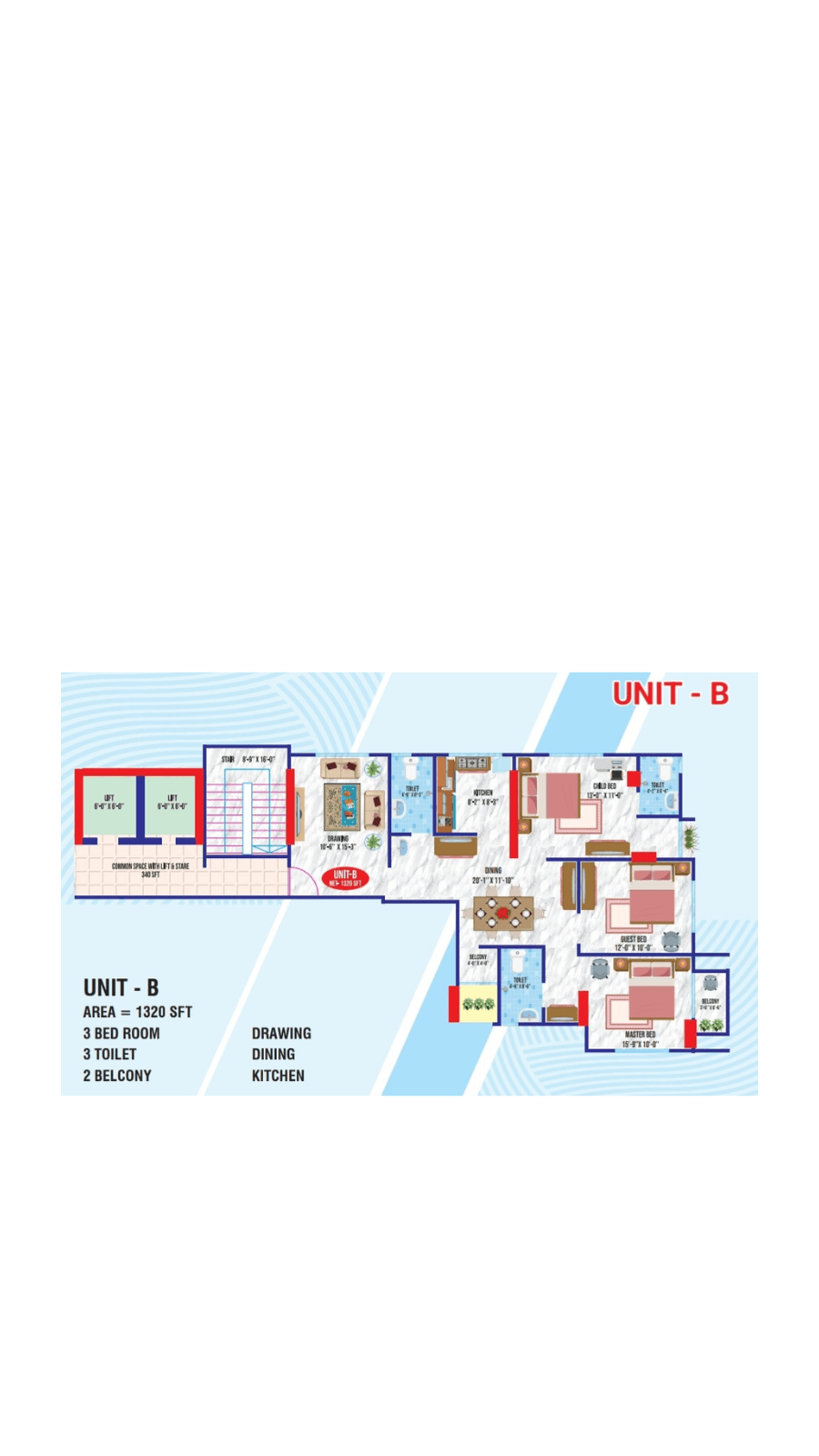 Architectural floor plan for Unit B showing three bedrooms, three toilets, and two balconies.