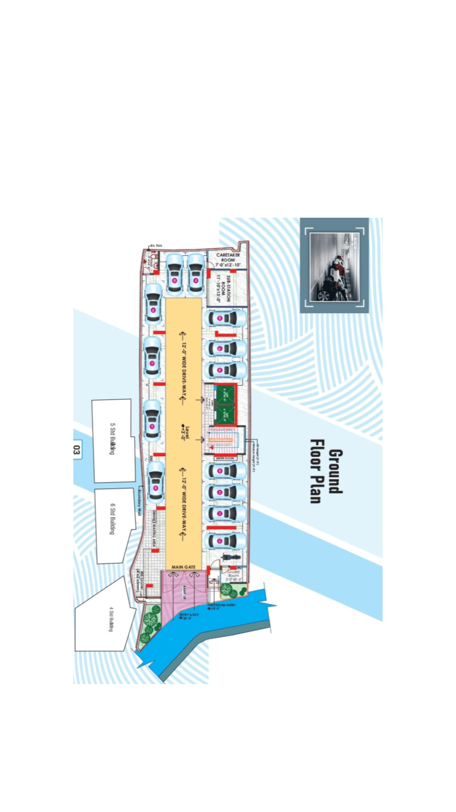 Ground floor plan showing a parking layout with labeled rooms, a driveway, and car spaces.
