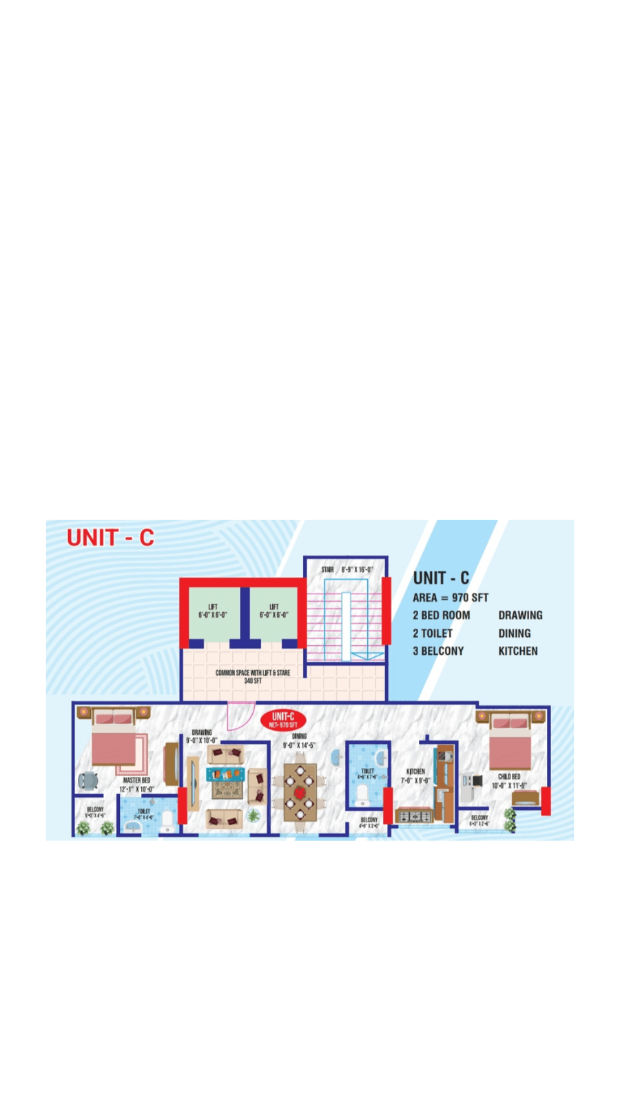 Floor plan for Unit-C, a 970 square foot apartment with two bedrooms and balconies.