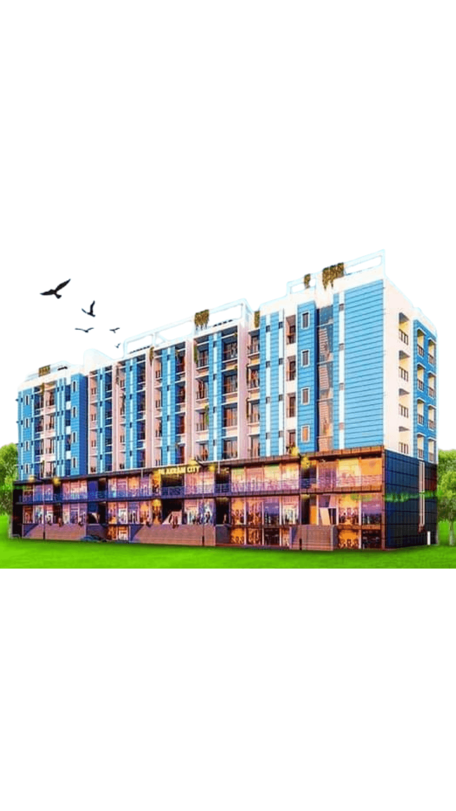 Modern blue and white building with ground-floor shops, green lawn, and birds in sky.