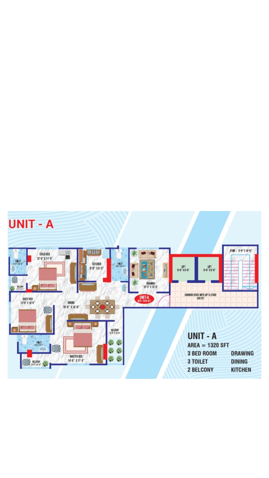 Floor plan for Unit A, a 1320 square foot apartment with three bedrooms and balconies.