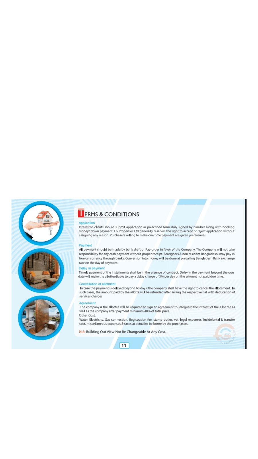 Terms and conditions page from a real estate brochure featuring circular images of modern properties.