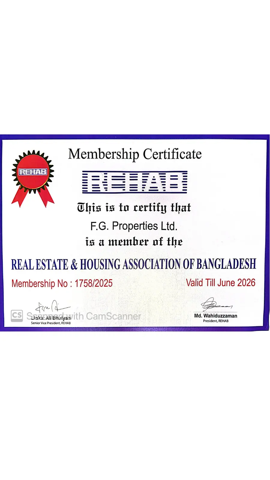 Membership certificate for F.G. Properties Ltd. from the Real Estate & Housing Association of Bangladesh.