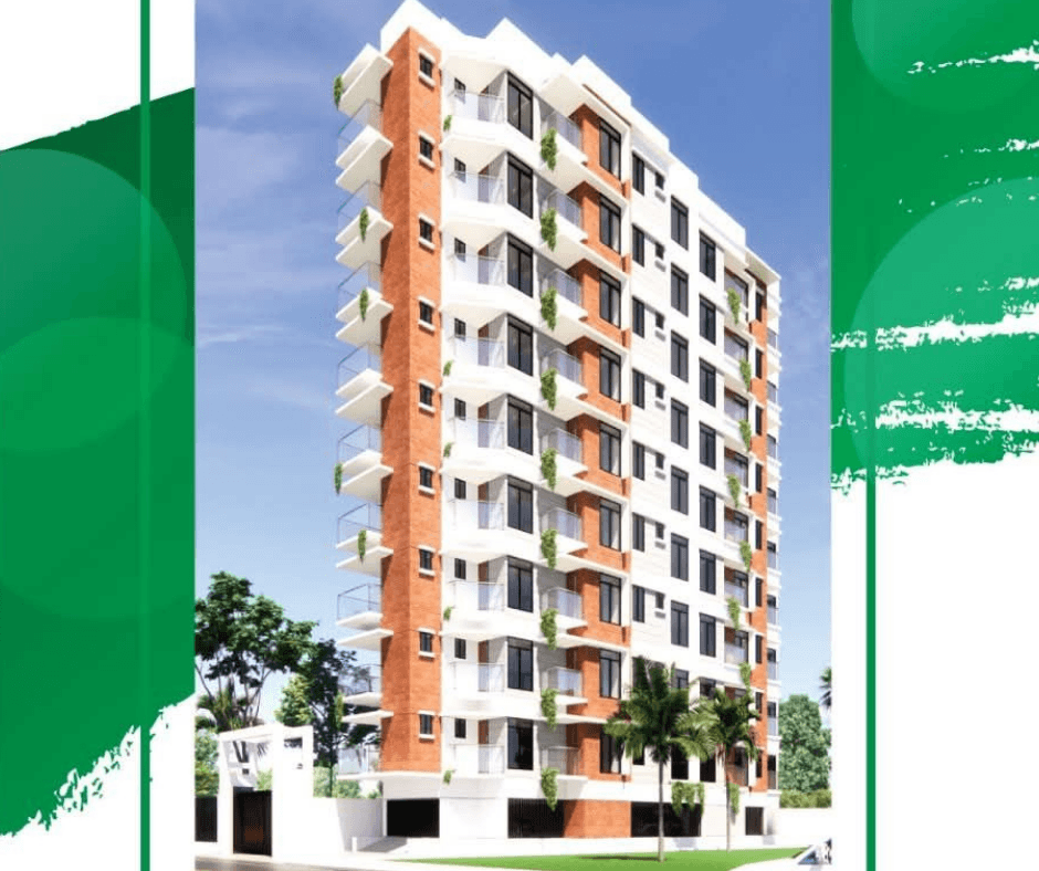 Modern multi-story apartment building with white and brick facade, glass balconies, and climbing green plants.