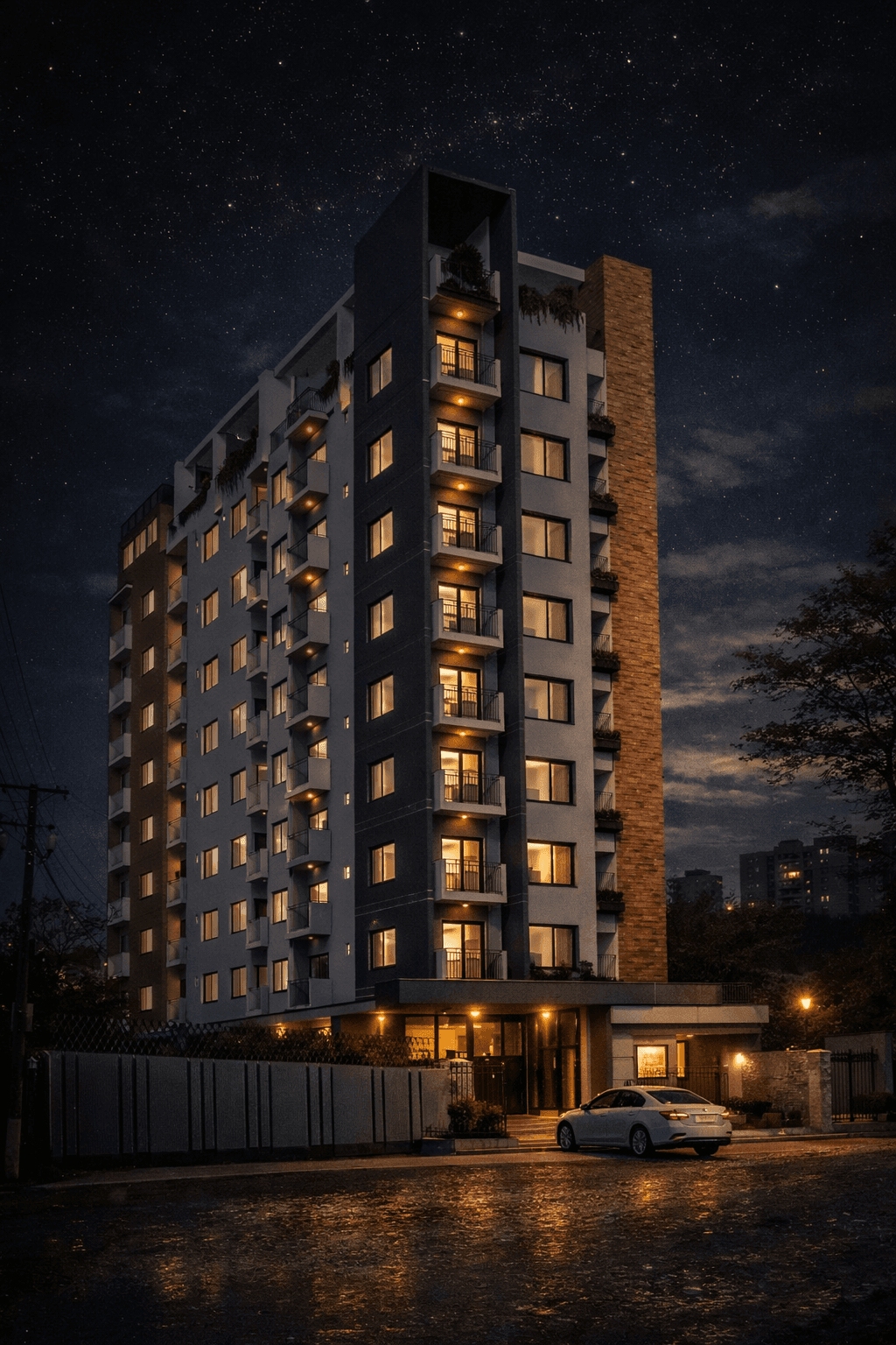 Modern apartment building with glowing windows under a starry night sky and parked white car.
